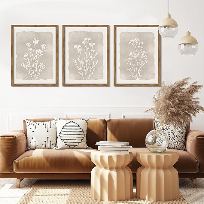 Framed Boho Botanical Flower Wall Art Set of 3, Vintage Minimalist Neutral Floral Wall Decor Paintings, Rustic Farmhouse Wildflower Artwork Prints Picture for Living Room Bedroom Bathroom 16x24 Inch