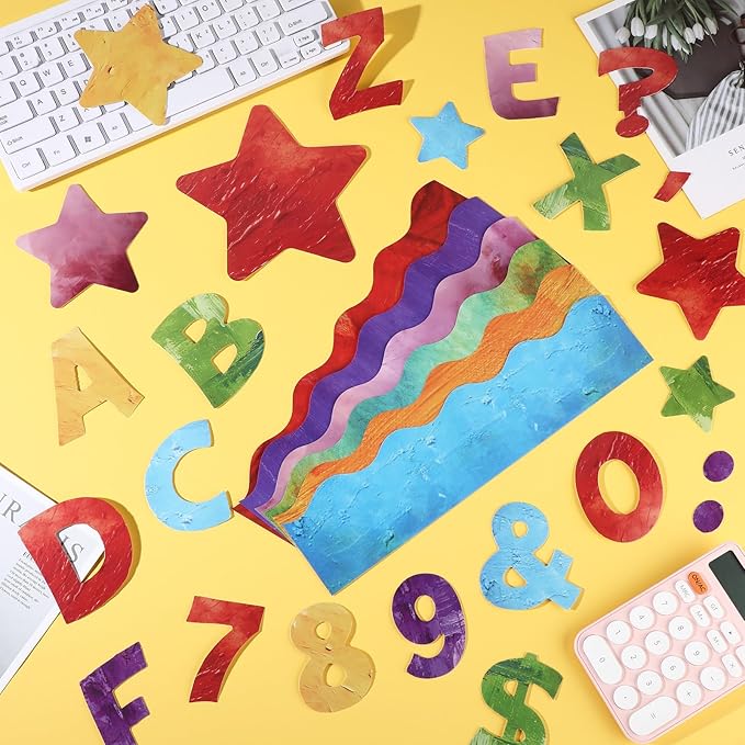 Containlol 188 Pcs Bulletin Board Borders Letters Stars Cutouts Set Include 59ft Poster Board Trims, Alphabet Letter Star Number Punctuation for Classroom(Oil Painting Color)