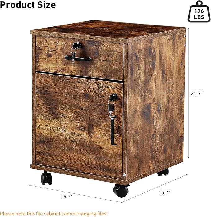 Mobile 2 Drawer File Cabinet with Lock, Wooden Under Desk Filing Cabinet with Wheels, Small Rolling Storage Cabinet for Home Office Organizer A4/Letter Size/Legal, Rustic Brown
