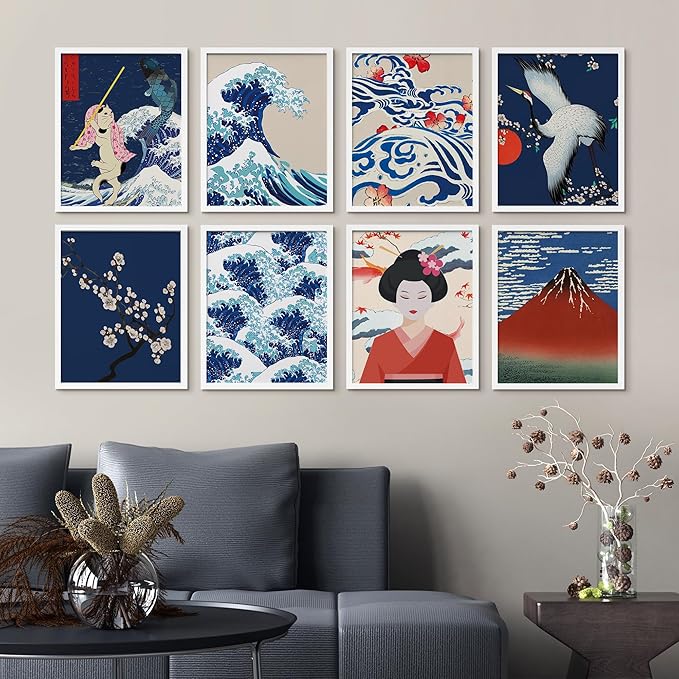 SIGNWIN Framed Poster Bathroom Decor, Wall Art Room Decor Multicolor for Living Room, Bedroom, Office Japanese Great Wave Ukiyo-e Nature Landscapes Vintage Bohemian - 8"x10"x 8 White