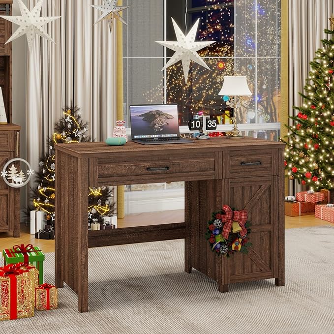 Vabches Farmhouse 47" Executive Desk, Computer Desk with Drawers and Storage Cabinet, Workstation Computer Desk for Home Office, Study.Red-Brown