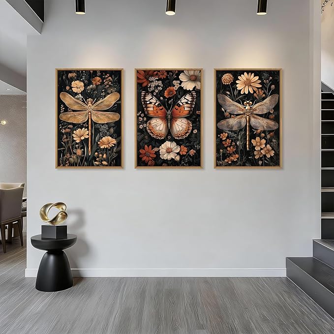 Aryroi Large Vintage Butterfly and Dragonfly Wall Decor Framed Canvas Wall Art,Retro Dark Animal Floral Wall Decor, Moody Insect Wildflowers Botanical Artwork for Living Room,Bedroom,office-24 x36 x3