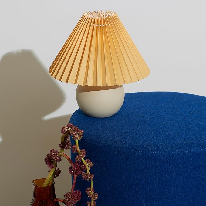Brightech Serena LED Table Lamp - Small 10" Modern Ceramic Lamp with Pleated Shade for Bedside, Nightstand, Desk - Mini Night Light with Cozy Soft White Light for Living Room, Bedroom - Peach