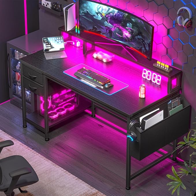 40" Gaming Desk with Drawers&Storage Bag, Computer Desk with Power Outlets and LED Lights, Office Desk with Monitor Stand for Bedroom Gaming Room, Study Work Home Office, Small Spaces, Black