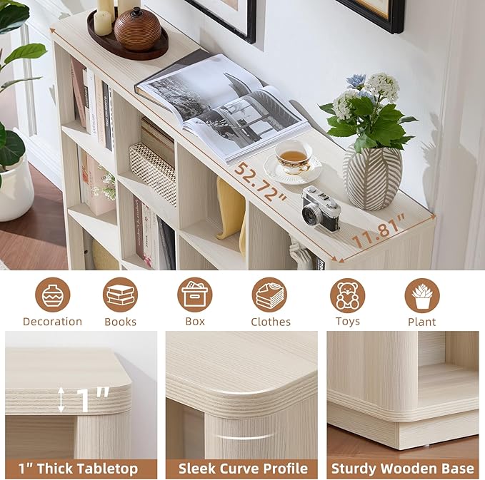 12 Cube Storage Organizer, 41" Large Bookshelf with Curved Edge, Wood Floor Standing 3-Tier Cubby Bookcase w/Base, Modern Display Storage Cabinet for Living Room, Office, Gray-White Cream Oak