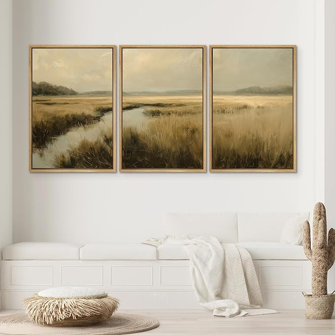 SIGNWIN Framed Canvas Print Wall Art Set Creek Through Golden Grasslands Illustrations Decorative Relax/Calm Zen for Living Room, Bedroom, Office - 16"x24"x3 NATURAL