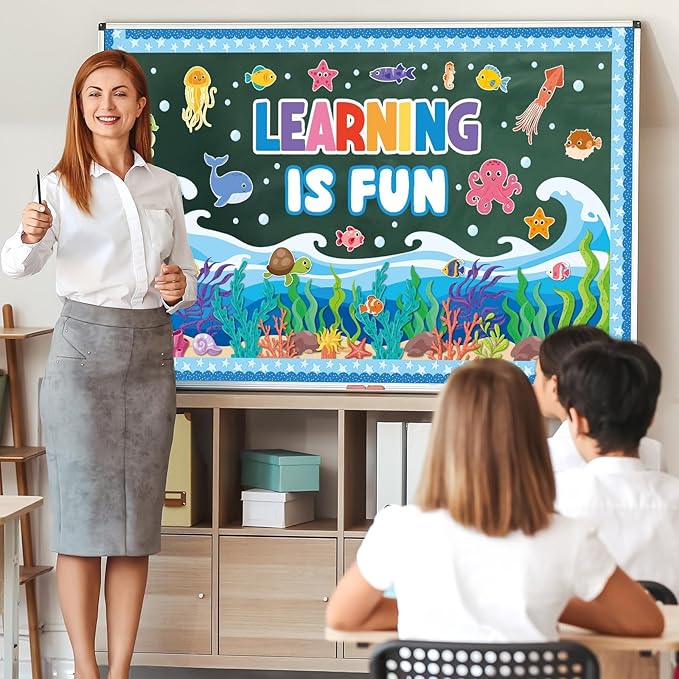 Summer Ocean Sea Bulletin Board Decorations Learning is Fun Positive for Summer Theme Classroom Back to School Bulletin Board Border Set Ocean Under The Sea Fish Paper Cutouts for School Home Decor