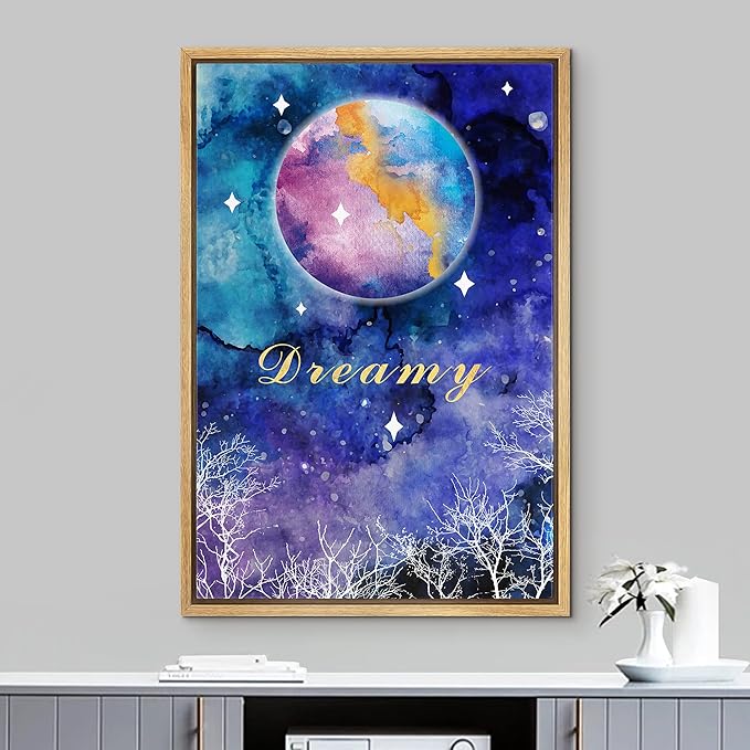 IDEA4WALL Framed Canvas Print Wall Art Dreamy Watercolor Galaxy with Star Covered Moon Astronomy & Space Sky Illustrations Modern Art Glam Colorful for Living Room, Bedroom, Office - 24"x36" NATURAL