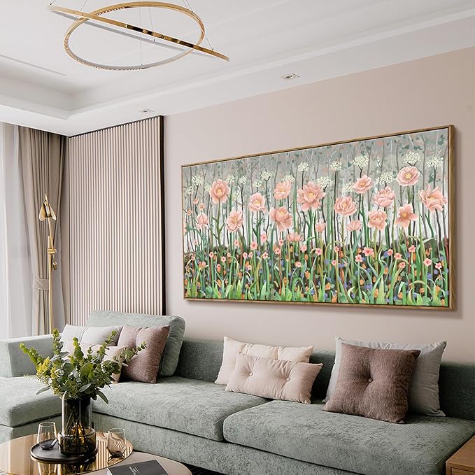 amatop Large Botanical Wall Art - Modern Floral Canvas Print, Pale Pink and Green Abstract Wildflower Oversized Framed Artwork for Living Room, Bedroom, Office Wall Decor (58x29 in)