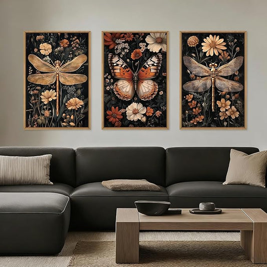 Aryroi Large Vintage Butterfly and Dragonfly Wall Decor Framed Canvas Wall Art,Retro Dark Animal Floral Wall Decor, Moody Insect Wildflowers Botanical Artwork for Living Room,Bedroom,office-24 x36 x3