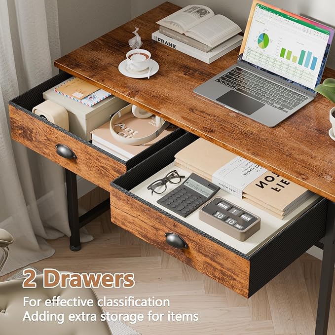 Furologee Small Computer Desk with 2 Fabric Drawers, 40 Inch Simple Home Office Desk, Writing Desk with Hooks, Study Table for Working Small Spaces, Makeup Desk for Bedroom, Rustic Brown