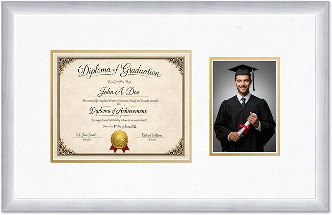 Diploma Frame With Photo Opening Stainless Silver Oyster Shell Over Gold Mat - Fits 10 x 8 Degree and Picture Made in the USA