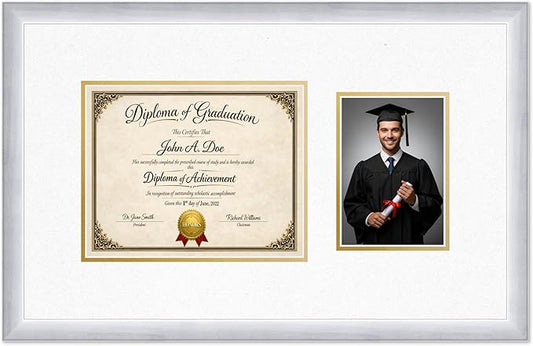 Diploma Frame With Photo Opening Stainless Silver Oyster Shell Over Gold Mat - Fits 10 x 8 Degree and Picture Made in the USA