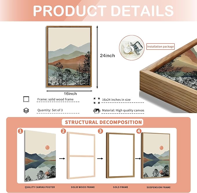 AKWISH Mountain Canvas Wall Art Set of 3, Boho Watercolor Poster Prints Paintings, Sun Forest Abstract Nature Landscape Artwork Wall Decor for Living Room, Bedroom, Office 16x24 In Brown Framed