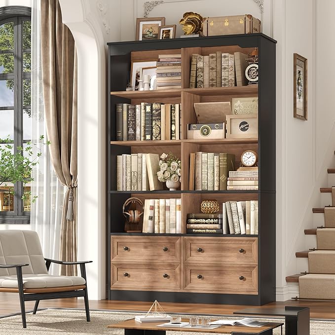FINETONES 71" Tall Bookshelf with 4 Drawers, 6-Tier Double Wide Bookshelves and Bookcases with Storage, Tall Bookshelf Large Standing Book Cabinet for Home Office, Brown/Black