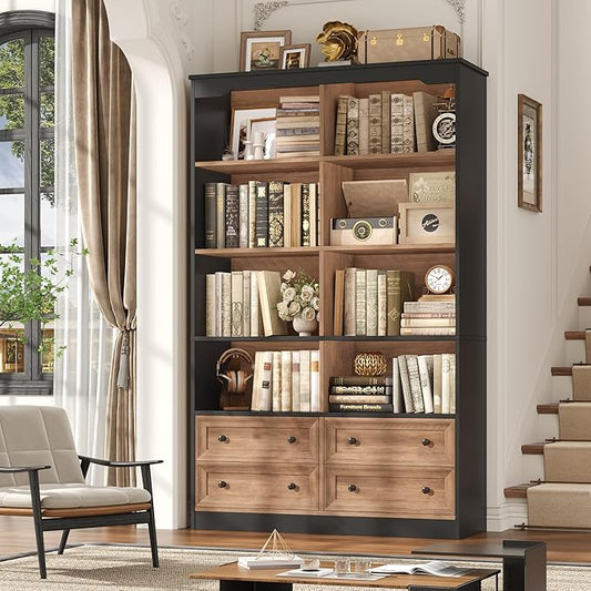 FINETONES 71" Tall Bookshelf with 4 Drawers, 6-Tier Double Wide Bookshelves and Bookcases with Storage, Tall Bookshelf Large Standing Book Cabinet for Home Office, Brown/Black
