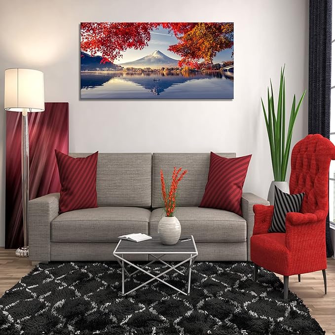 YYYYHPP Canvas Prints Mountain Fuji with morning fog and red leaves at lake Kawaguchiko Nature Picture Wall Art Framed Artwork for Living Room Bedroom Kitchen Home and Office Wall Decor