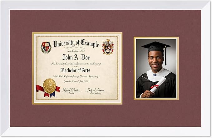 CountryArtHouse Fits 10 x 8 Professional License and 5 x 7 Photo Diploma and Photo Frame Bright White Genuine Hardwood with Dark Red Over Metallic Gold Double mat