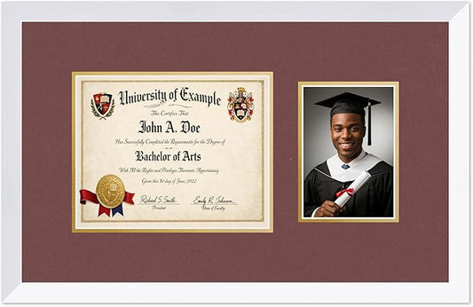 CountryArtHouse Fits 10 x 8 Professional License and 5 x 7 Photo Diploma and Photo Frame Bright White Genuine Hardwood with Dark Red Over Metallic Gold Double mat