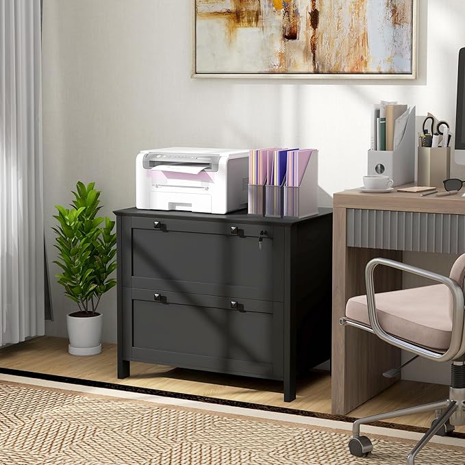 2 Drawer File Cabinet with Lock, Home Office Filing Organizer, for Letter Legal A4 Size Labeled Folders File Folder Storage, Wood Lateral Filing Cabinet (Black-W31.1*D15.7*H28.3in)
