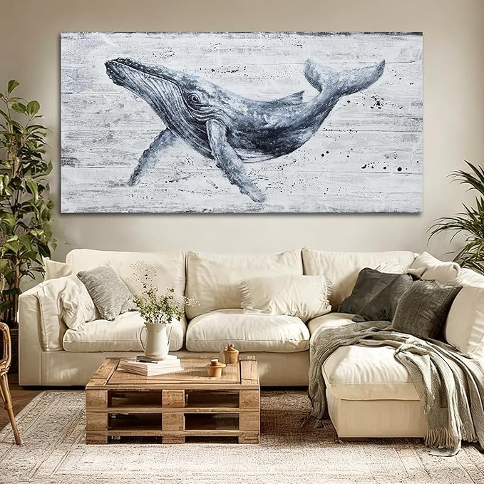 Large Whale Wall Art Monochrome Abstract Sea Life Canvas Posters print Contemporary Coastal Artwork for Living Room Office Bedroom Decor 29x58inch