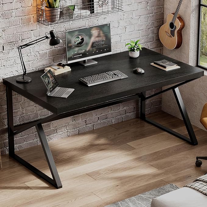 HSH Black Computer Desk, Long Home Office Laptop PC Desk, Large Industrial Metal Wood Executive Writing Gaming Workstation Desk, Modern Simple Student Study Work Table for Bedroom Living Room, 60 Inch