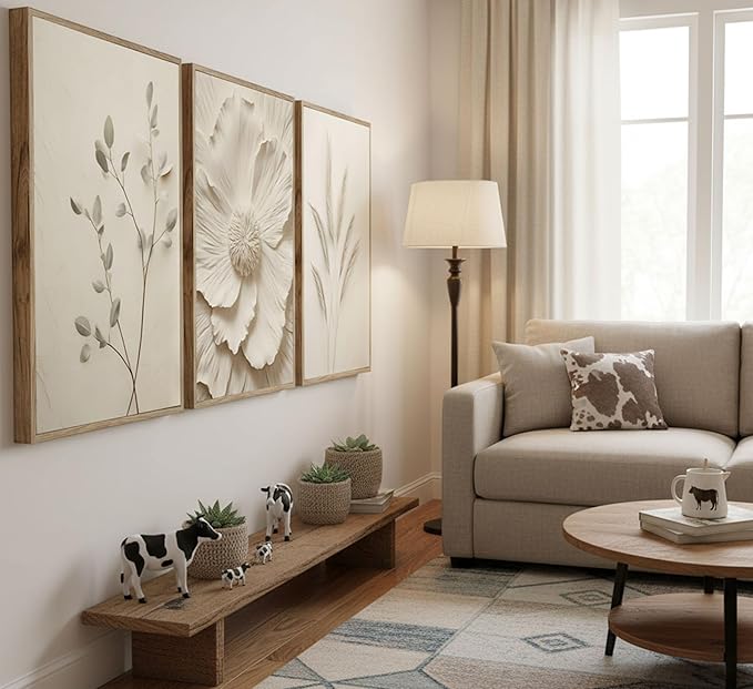 3Pcs Neutral Beige Floral Plant Canvas Wall art Textured Flower Botanical Painting Picture Wall Decor Vintage Blossom Poster Prints for Living Room Bedroom Bathroom Decor Unframed
