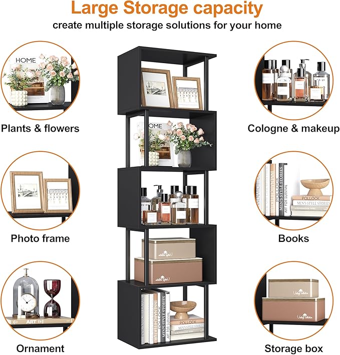 Yusong Bookshelf 5-Tier, Geometric Bookcase S Shaped Book Shelves for Bedroom, Modern Wood Decorative Display Shelf Corner for Home Office, Black
