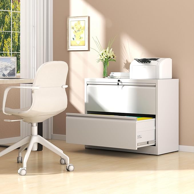 File Cabinet with Lock, 2 Drawer Lateral Filing Cabinet for Home Office, Metal Heavy Duty Office File Cabinets for Hanging Letter/Legal/F4/A4 Size Files, Assembly Required (White)