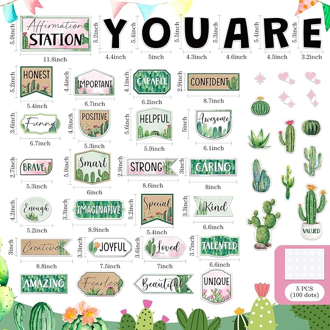 45pcs Cactus Affirmation Station Bulletin Board Set Motivational Posters Classroom Mirror Growth Mindset Decor Positive Affirmations Accents Cutouts for School Office Home Teacher Wall