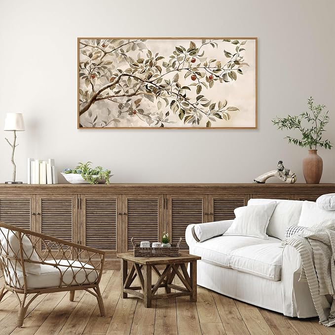 HLNIUC Apple Tree Vintage Framed Wall Art Set, Botanical Branch Canvas Wall Decor, Rustic Farmhouse Leaves Wall Painting, Retro Nature Plant Art Print for Living Room, Bedroom, Office - 40"x20"x1