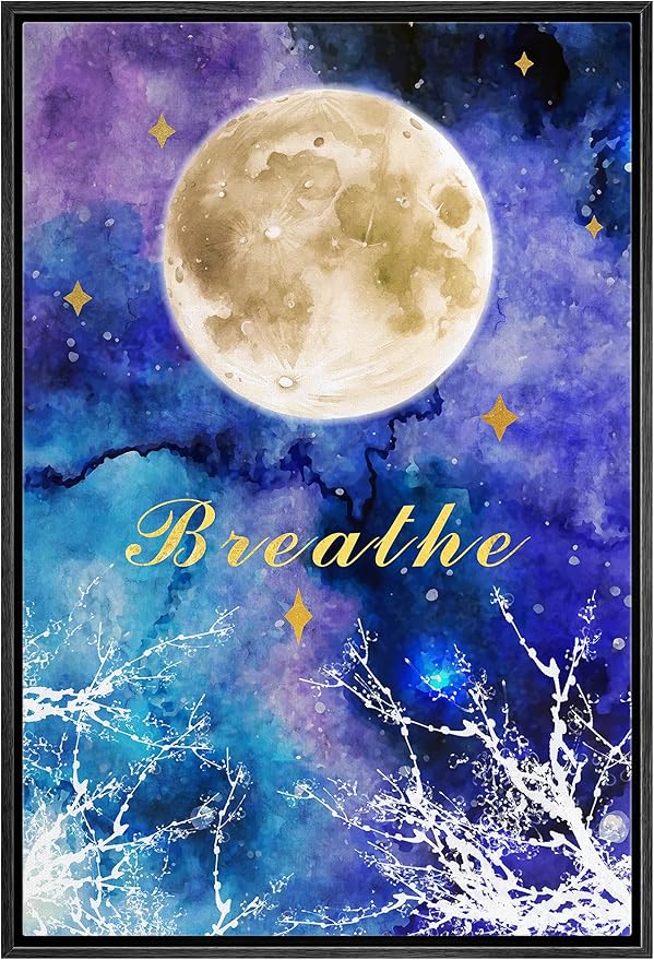 IDEA4WALL Framed Canvas Print Wall Art Breathe Watercolor Galaxy with Harvest Moon Astronomy & Space Sky Illustrations Modern Art Glam Colorful for Living Room, Bedroom, Office - 24"x36" BLACK