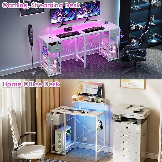 X-cosrack 33.5" Small Gaming Desk with LED Lights & Power Outlets, Compact Computer Desk with Monitor Stand & CPU Stand, Gamer Table with Storage Drawer, Side Hooks for Home Office, Bedroom, White