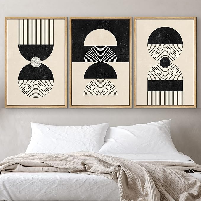 IDEA4WALL Framed Canvas Print Wall Art Set Geometric Black Tan Striped Circle Polygon Collage Abstract Shapes Illustrations Modern Art Nordic for Living Room, Bedroom, Office - 16"x24"x3 Natural