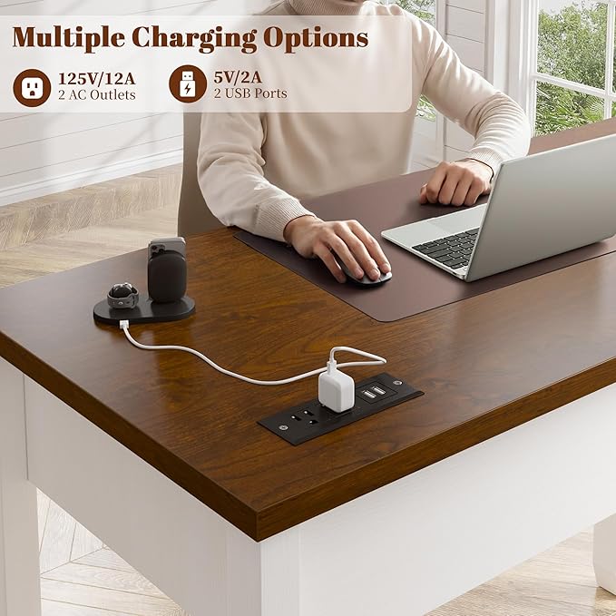 EnHomee 40" Computer Desk with Drawers, Small Desk with Power Outlets for Bedroom and Home Office, Writing Desk with Drawers and a Side Pocket, Vanity Desks for Bedroom, Brown+White