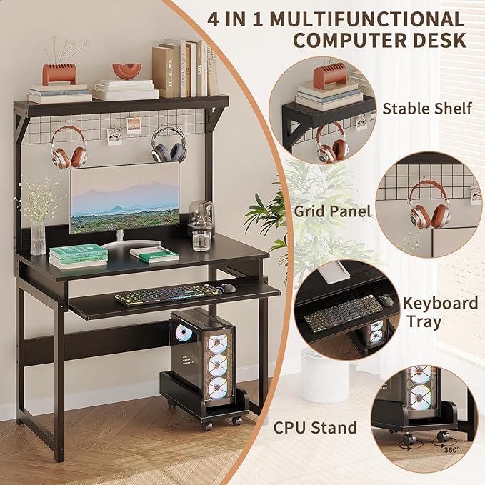 ALISENED 31.5" Small Computer Desk with Hutch, Office Desk Study Table Writing Desk Workstation PC Table for Home Office, Space Saving Design