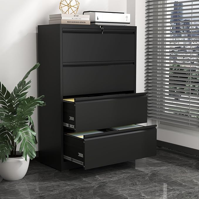 4 Drawer File Cabinet,Metal Lateral Filing Cabinet with Lock,Home Office Storage Organizer Cabinet for Legal/Letter/A4/F4 Size Files,35.5" W,Black