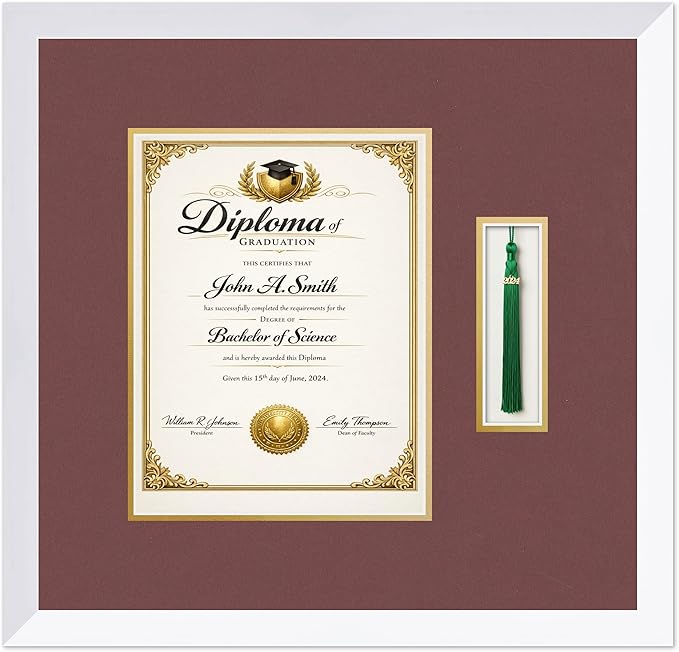 CountryArtHouse Diploma and Tassel Frame Fits 8.5 x 11 Certificate (Portrait) with Tassel Ho Bright White Genuine Hardwood Shadowbox with Dark Red Over Metallic Gold Double mat