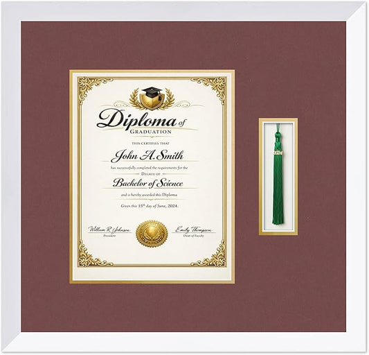 CountryArtHouse Diploma and Tassel Frame Fits 8.5 x 11 Certificate (Portrait) with Tassel Ho Bright White Genuine Hardwood Shadowbox with Dark Red Over Metallic Gold Double mat