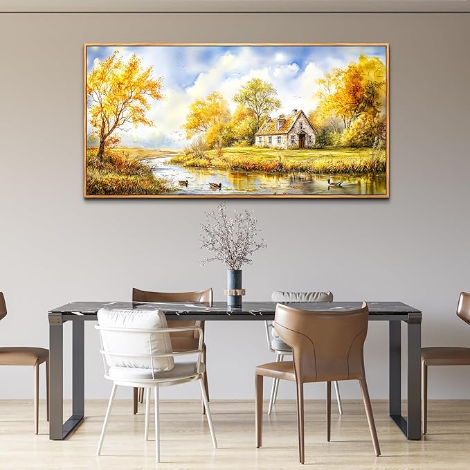 ERQINHUA Large Wall Art For Living Room Canvas Wall Decor For Bedroom Office Dining Room Yellow Pastoral Creek Landscape Painting Prints Pictures Farmhouse Home Wall Decoration 30"x60" Wood Frame