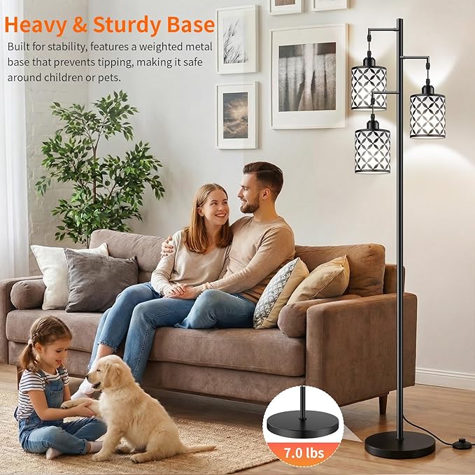 New Upgraded 72" Tall Dimmable Floor Lamp, 3 x 800LM 9W LED Bulbs Included, Farmhouse Standing Lamp with Remote Control, Industrial Tree Pole Floor Lamps for Living Room, Bedroom, Study Room - Black