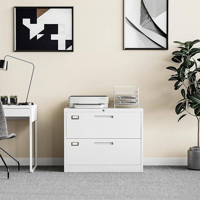2 Drawer Lateral File Cabinet with Lock, Metal Filing Cabinets for Home Office, Wide Locking File Caninets, White Office Storage Cabnet for Hanging Letter/Legal / A4 / F4 - Assembly Required