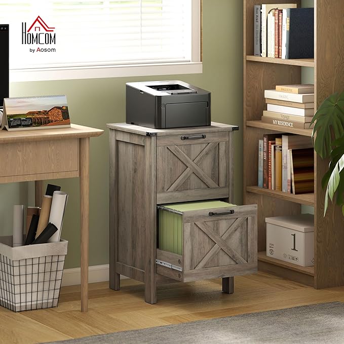HOMCOM 2 Drawer Vertical File Cabinet with Silent Slides, Rustic Farmhouse Filing Cabinet with Barn Doors for A4/Letter Size, Printer Stand with Storage for Home Office, Distressed Gray
