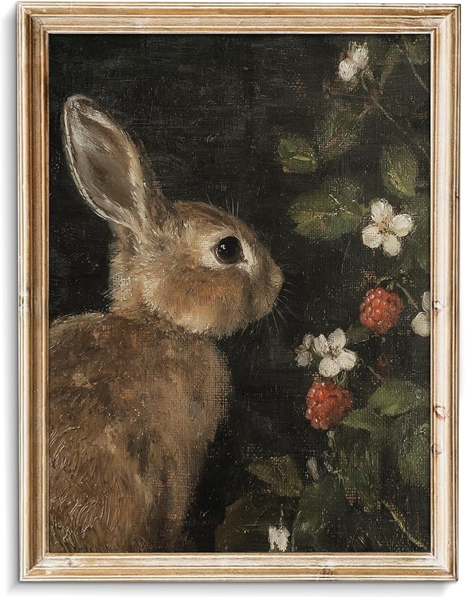 uniro Vintage Rabbit Wall Art, Farmhouse Canvas Wall Decor, Easter Bunny and flowers Painting, Antique Rabbit Painting Wall Art Decoration for Office Bedroom Room Living Decor(8" x 10"-UNFRAMED)
