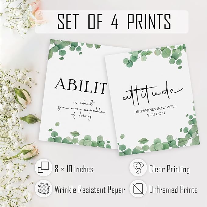 HRQKO Office Inspirational Quotes Wall Art Poster Prints Set of 4, Motivational Wall Art, Eucalyptus Decor Artwork Prints Posters Wall Decor, Affirmations Prints for Office Women Men 8”x10” Unframed