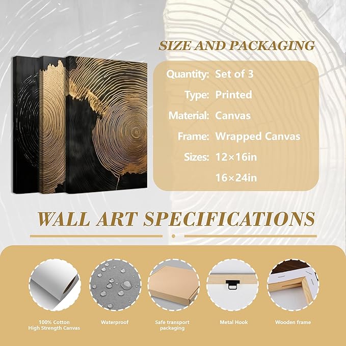 3Pcs Framed Minimalist Abstract Black Golden Canvas Wall Art Vintage Tree Ring Wall Decor Pictures Modern Rustic Posters Prints for Living Room Office Hallway Home Decoration 16x24in Ready to Hang