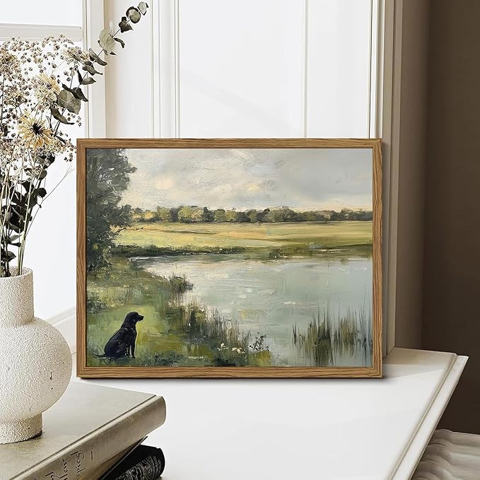 Framed Vintage Hunting Black Dog Wall Art, Rustic Country Nature Landscape Pictures Wall Decor, Farmhouse Animal Paintings Canvas Prints Aesthetic Home Decor for Living Room Bedroom 8x10 inch