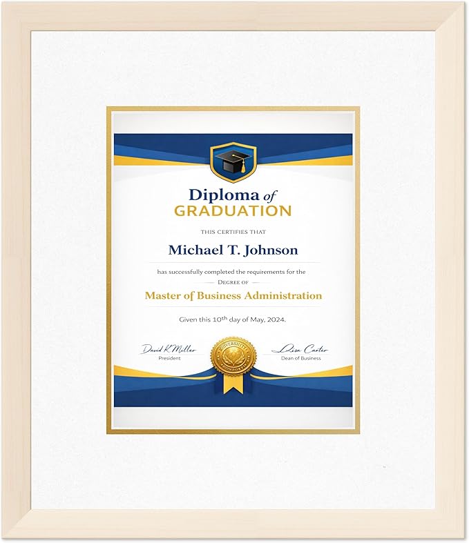 Diploma Frame Coastal Whitewash with Oyster Shell Over Gold Double Mat - Fits 8.5 x 11 Certificate (Portrait) Wall Display Made in the USA