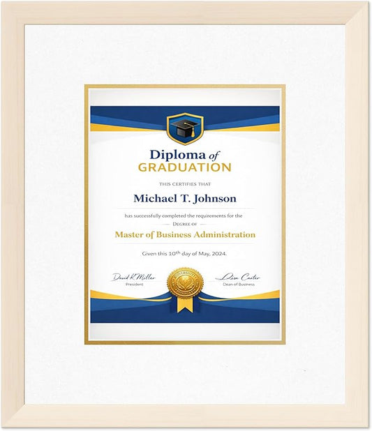 Diploma Frame Coastal Whitewash with Oyster Shell Over Gold Double Mat - Fits 8.5 x 11 Certificate (Portrait) Wall Display Made in the USA