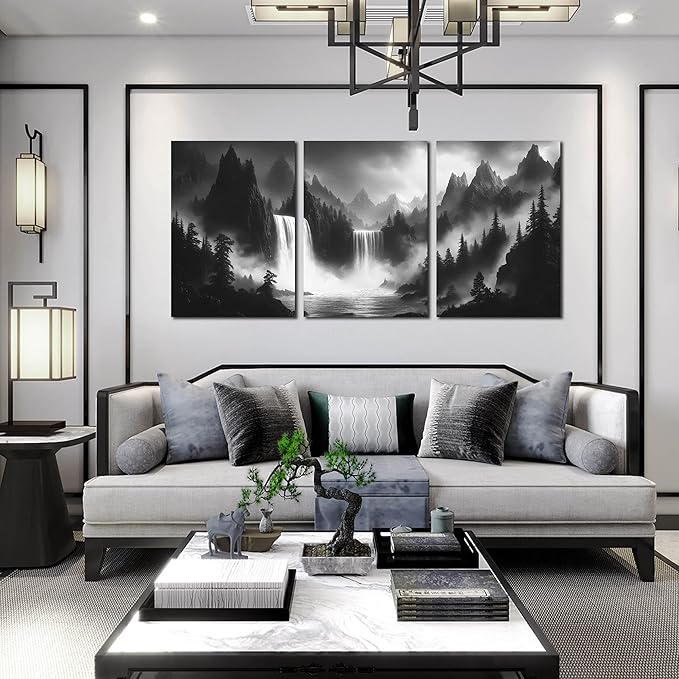 Waterfall Canvas Wall Art for Living Room - Mountains Pictures Wall Art for Office - Modern 3 Piece Large Wall Art for Bedroom Size 24" x 36"